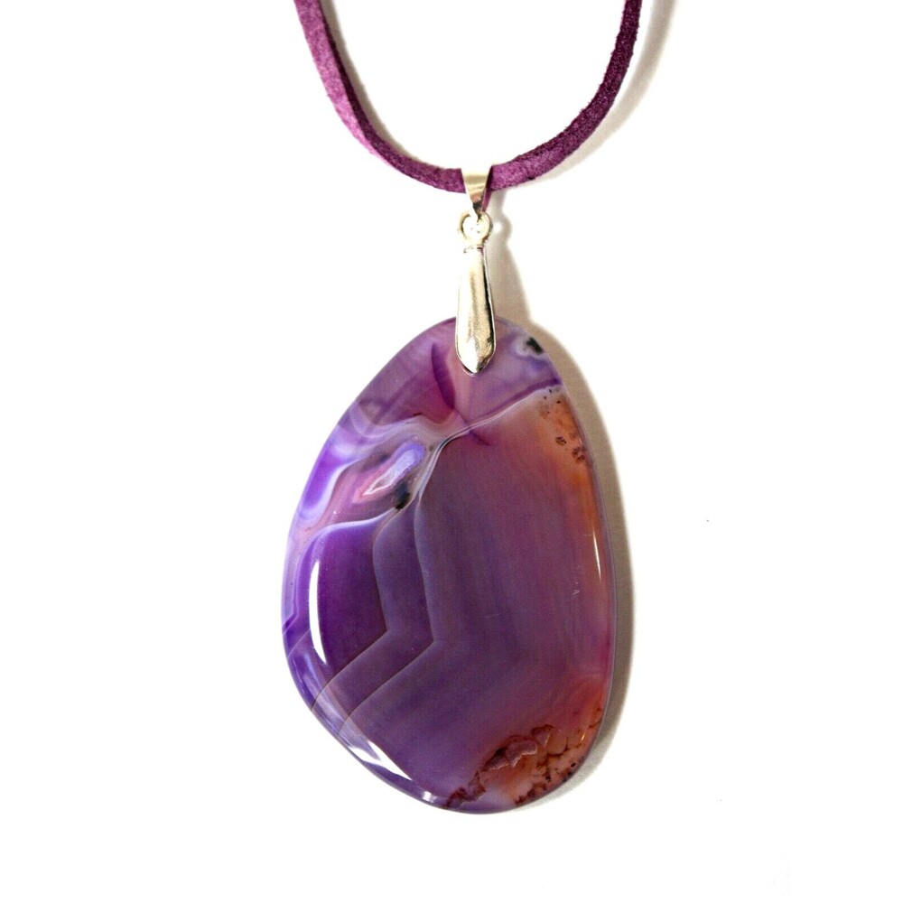 Agate Stone Pendant Statement Necklace Purple Lavender Beige Unique BOHO OOAK